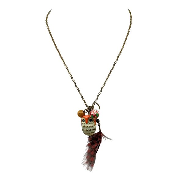 Vintage Owl Pendant Necklace with Feather & Beads in Mixed Materials - Picture 3 of 5